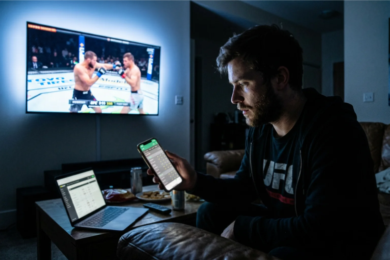 Espectador siguiendo un combate de UFC en vivo mientras revisa cuotas en su móvil