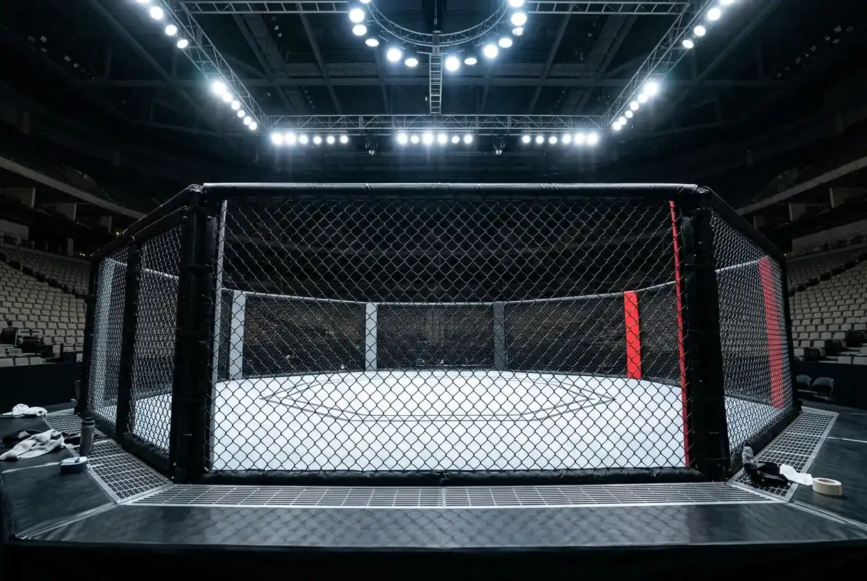 Octágono de MMA vacío iluminado en un pabellón deportivo antes de un evento