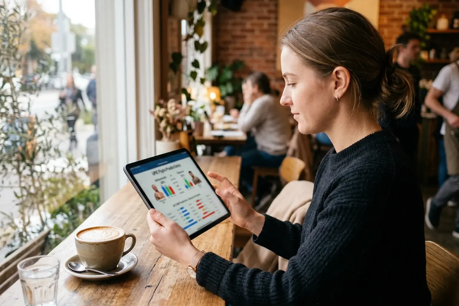 Persona analizando pronósticos de peleas de UFC en una tablet con gráficos